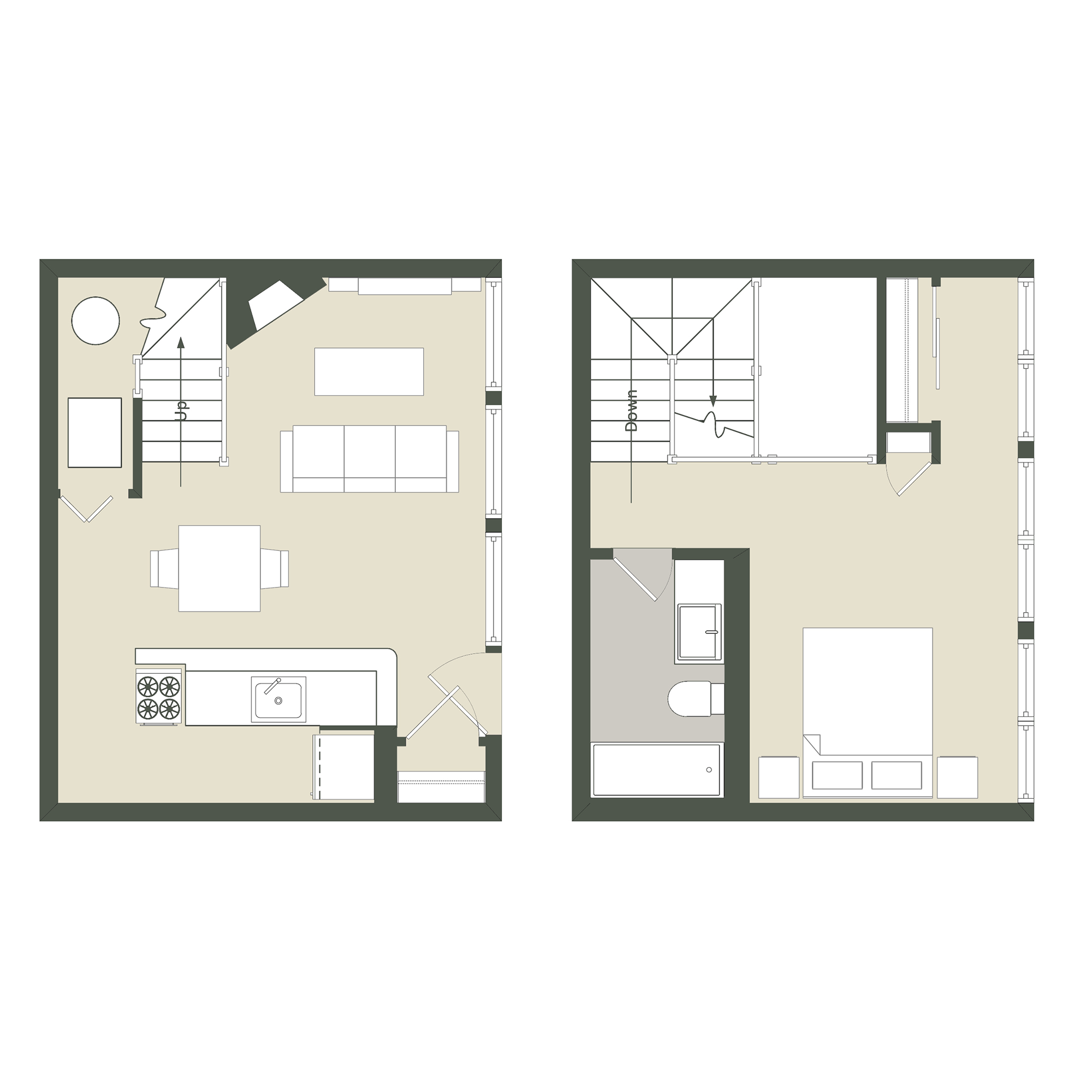 Floor plan for 1 bed, 1 bath, 604 sqft